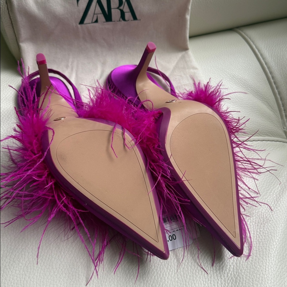 Zara Satin Slingback Pumps‎ Pointed Toe Feather Heels - Picture 9 of 17